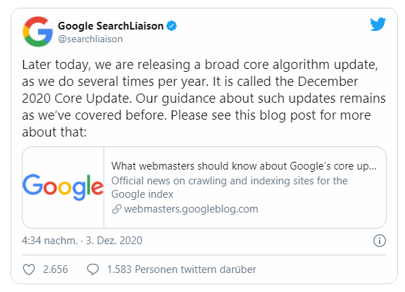 Tweet von Google zum Core Update